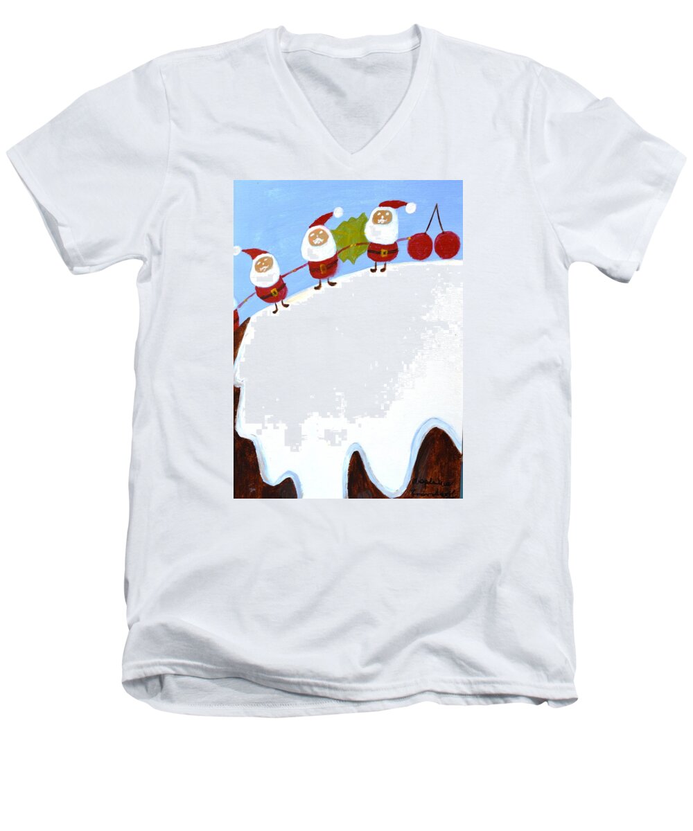 Merry Christmas Men's V-Neck T-Shirt featuring the painting Christmas Pudding and Santas by Magdalena Frohnsdorff