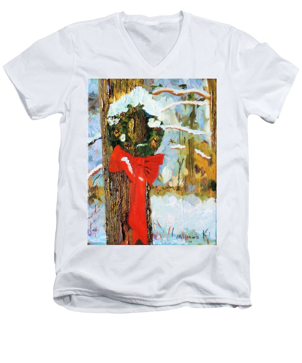 Impressionistic Christmas Holiday Card Men's V-Neck T-Shirt featuring the painting Christmas Wreath by Michael Daniels