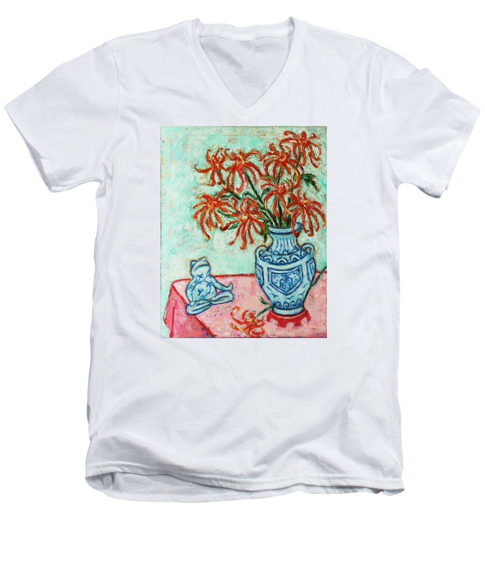 Chrysanthemum Men's V-Neck T-Shirt featuring the painting Chrysanthemum and Frog by Xueling Zou