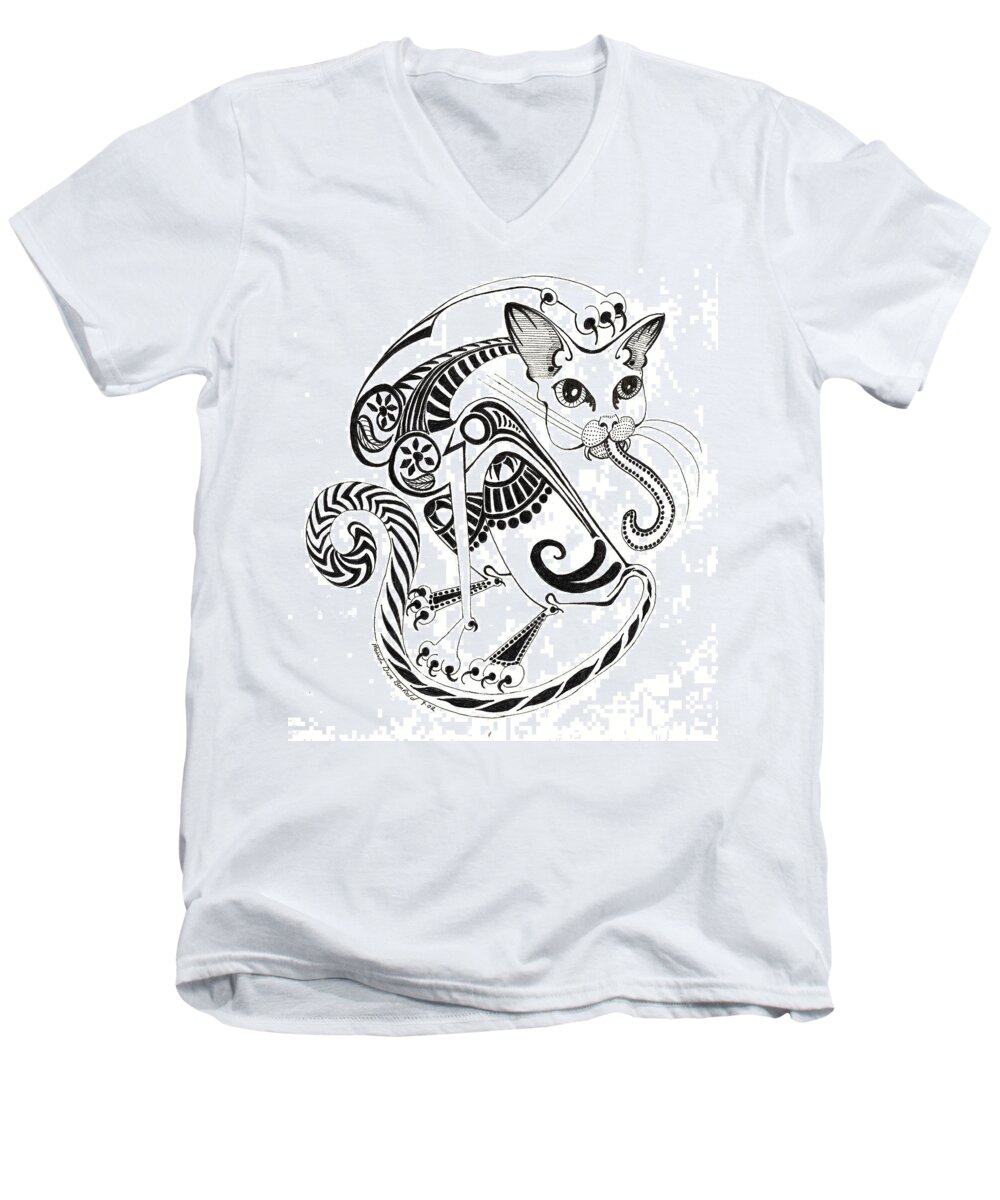 Circle Cat Men's V-Neck T-Shirt featuring the drawing Circle Cat by Melinda Dare Benfield