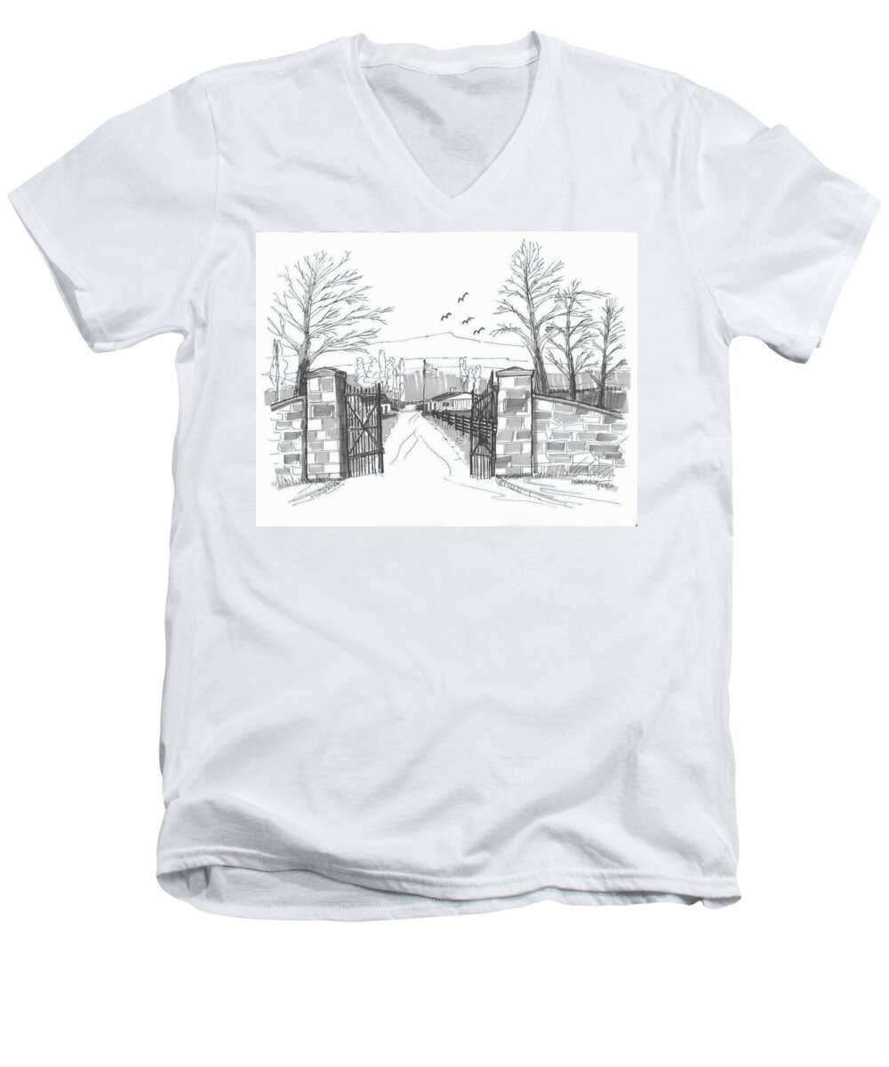 Farm Men's V-Neck T-Shirt featuring the drawing Clermont Farm Gate by Richard Wambach