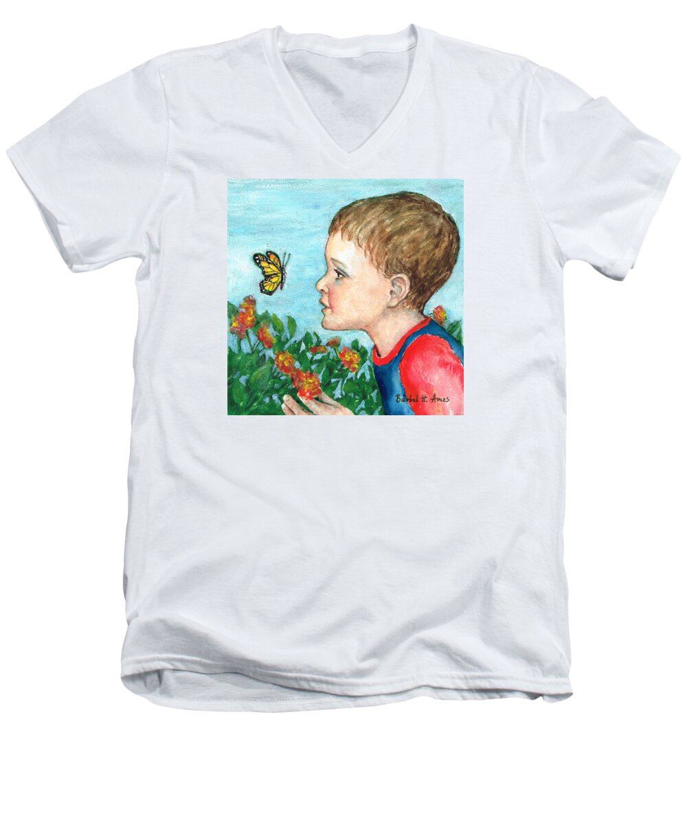 Boy Men's V-Neck T-Shirt featuring the painting Close Encounter by Barbel Amos