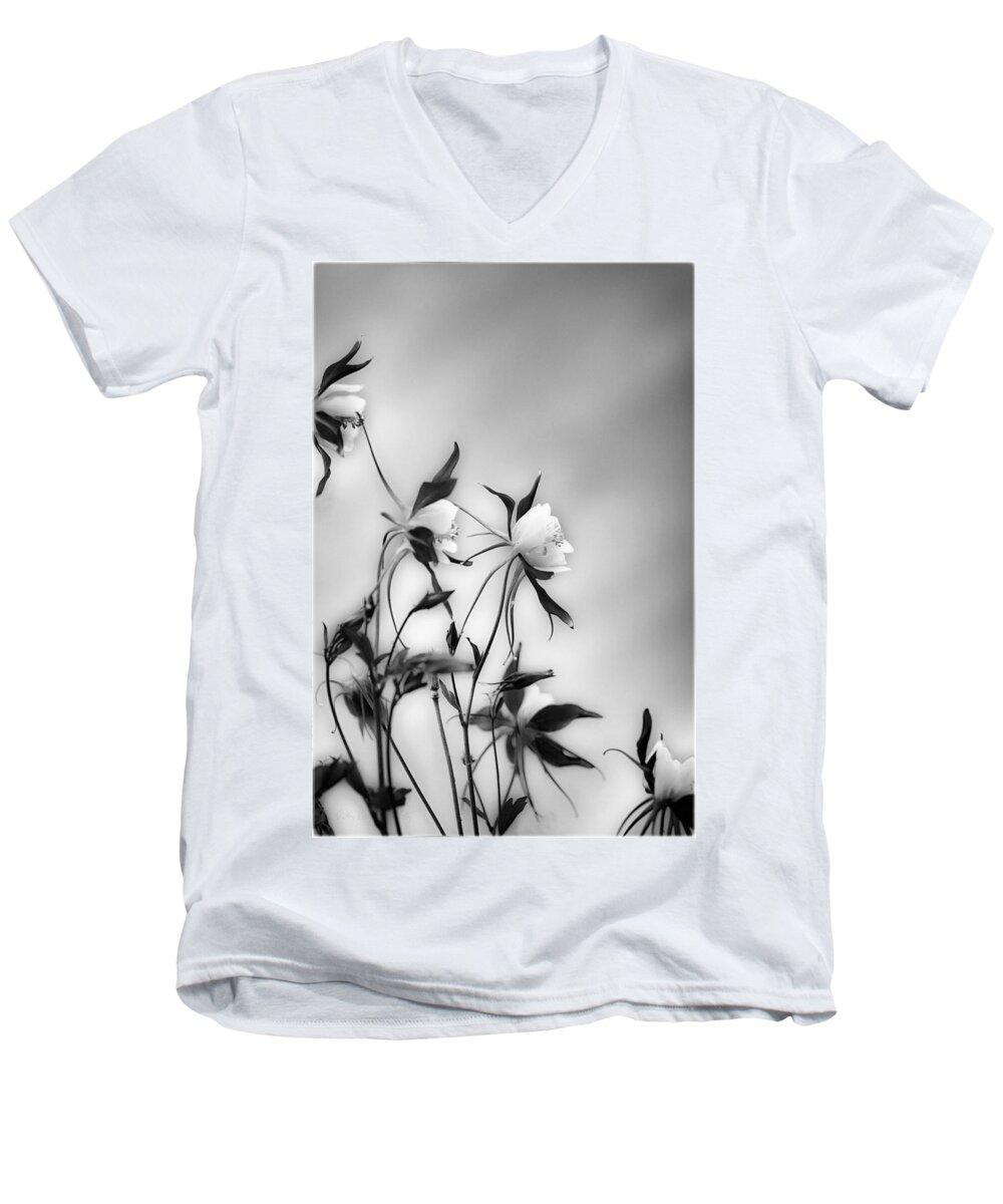 Blossom Men's V-Neck T-Shirt featuring the photograph Columbines in black and white by Peter V Quenter
