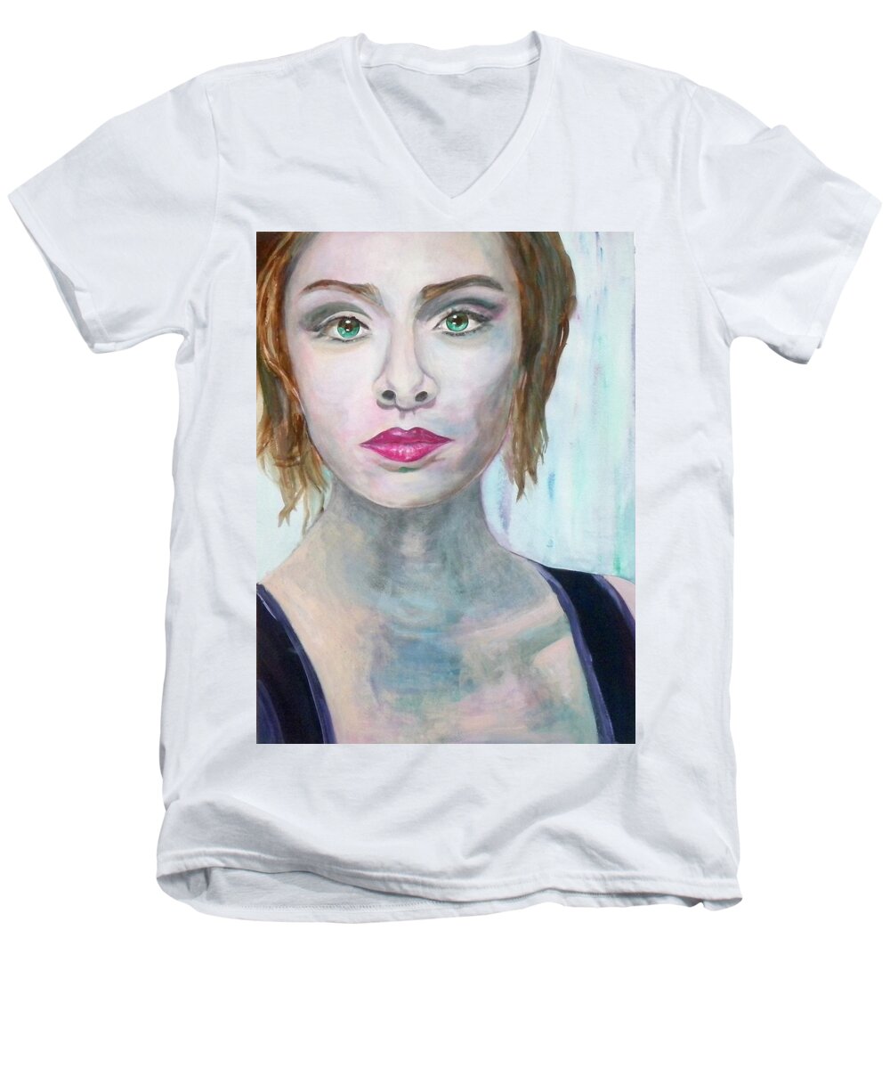 Portrait Men's V-Neck T-Shirt featuring the painting Connection by Anna Ruzsan