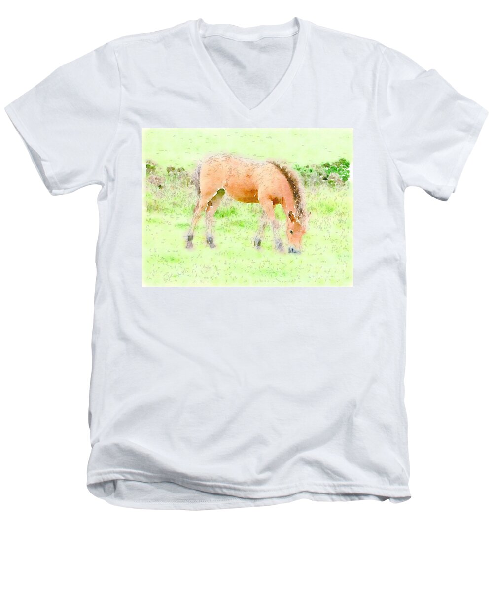 Young Foal Exmoor Pony Somerset Grazing Men's V-Neck T-Shirt featuring the painting Content by Vix Edwards