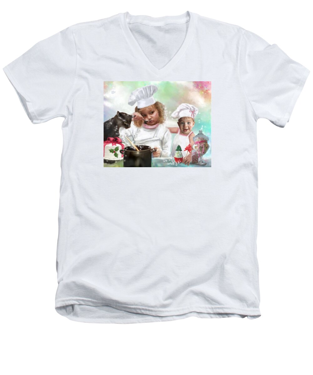Childrens Paintings Men's V-Neck T-Shirt featuring the painting Cookin Up a Little Christmas Magic by Colleen Taylor