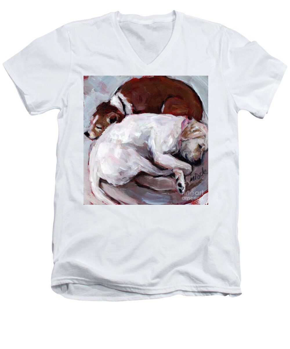 Dogs Snuggling Men's V-Neck T-Shirt featuring the painting Cottonball by Molly Poole