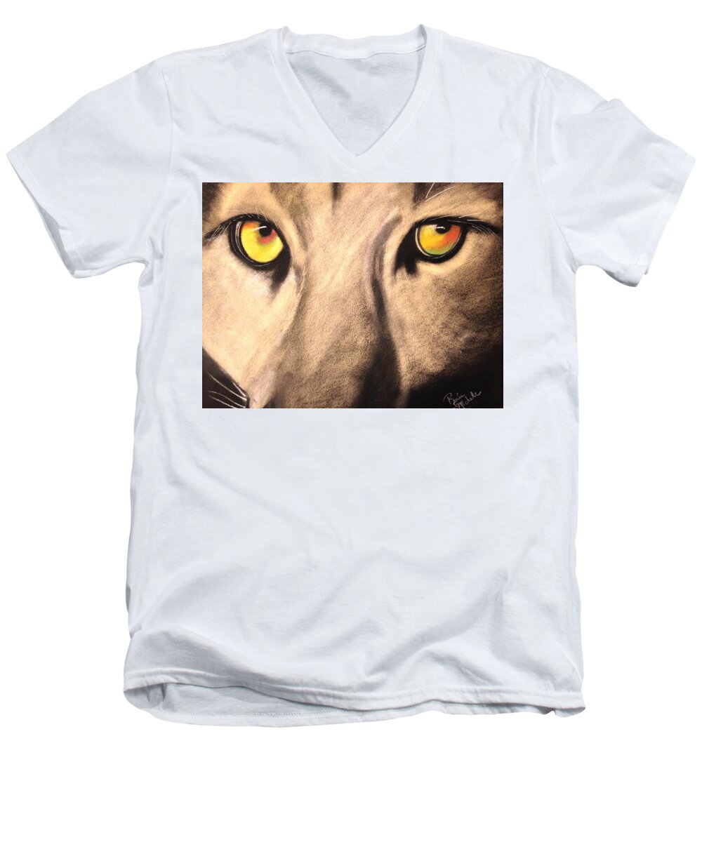 Cougar Men's V-Neck T-Shirt featuring the drawing Cougar Eyes by Renee Michelle Wenker