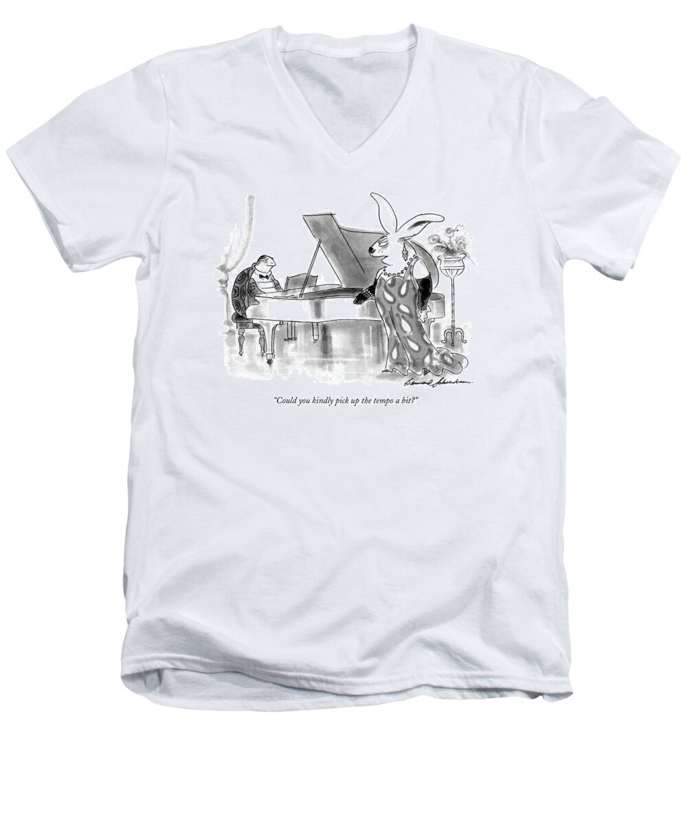 Animals Men's V-Neck T-Shirt featuring the drawing Could You Kindly Pick Up The Tempo A Bit? by Bernard Schoenbaum