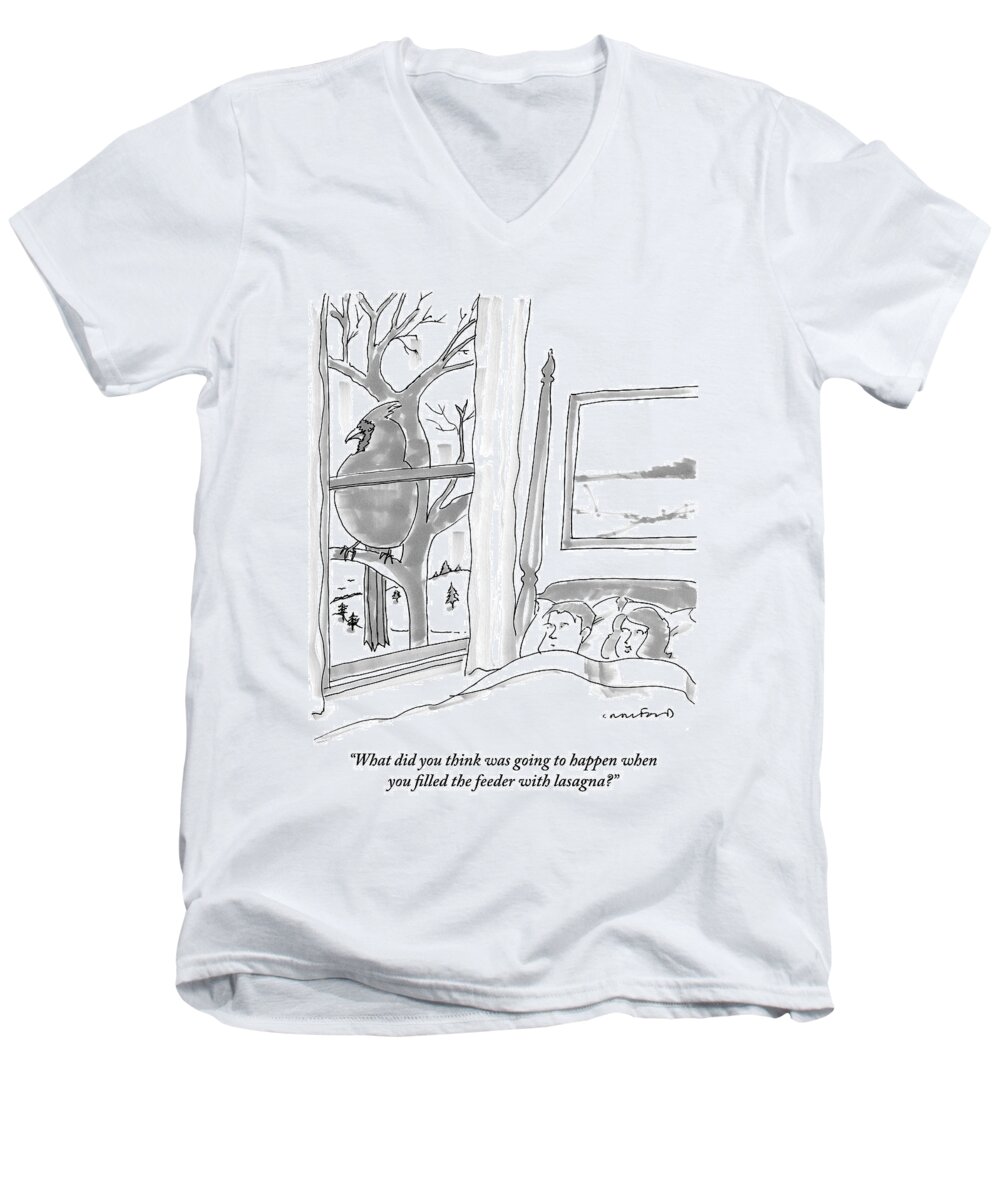Animal
Dining
Nature


 Men's V-Neck T-Shirt featuring the drawing Couple In Bed by Michael Crawford