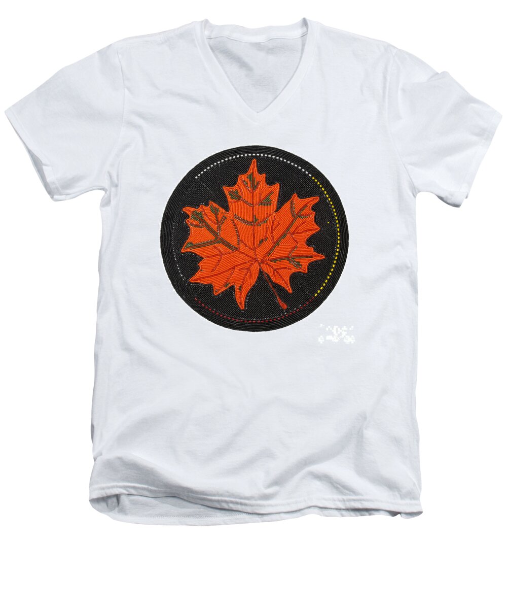 Beadwork Men's V-Neck T-Shirt featuring the digital art Cradleboard Beadwork Fall Maple Leaf by Douglas Limon