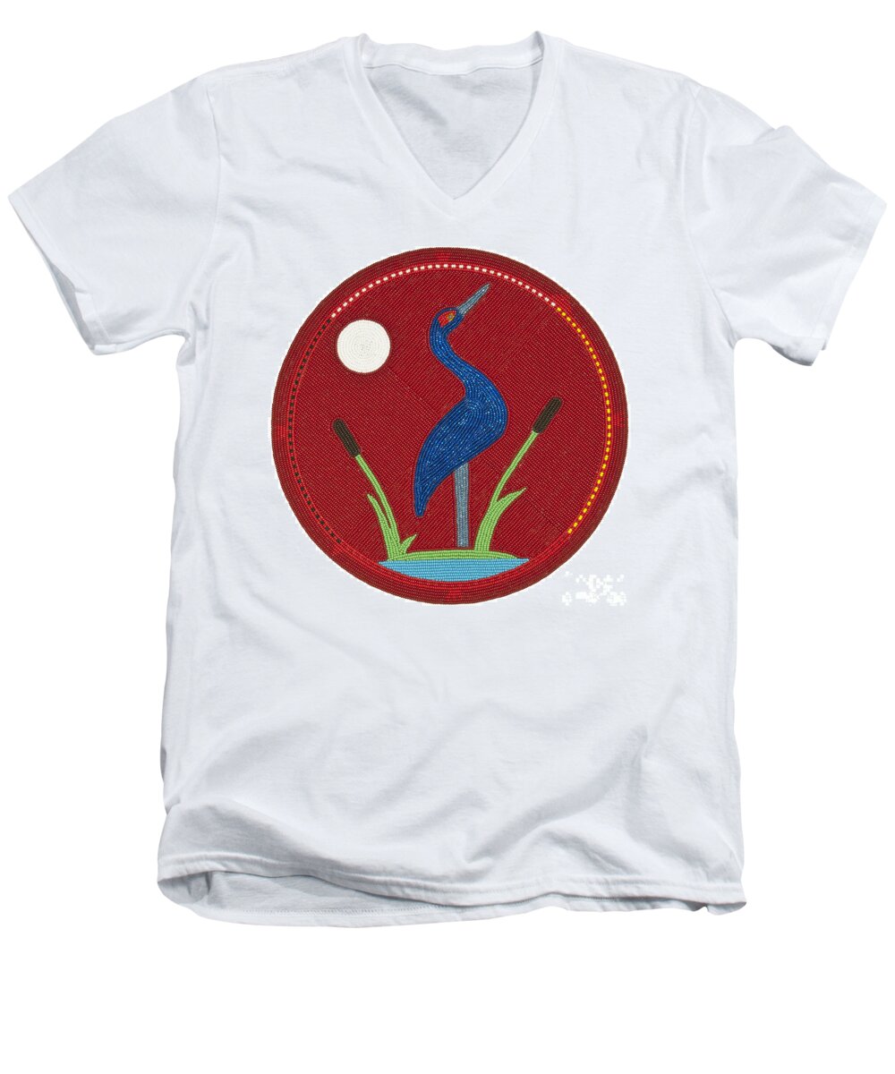 Crane Men's V-Neck T-Shirt featuring the digital art Cradleboard Beadwork Summer Crane by Douglas Limon