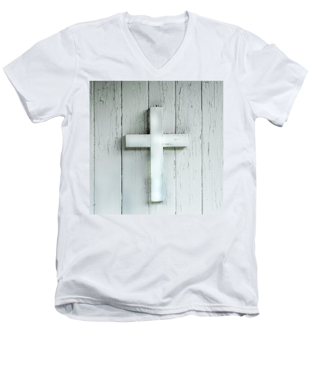 Evie Men's V-Neck T-Shirt featuring the photograph Cross on Holy Angels Sugar Island Michigan by Evie Carrier