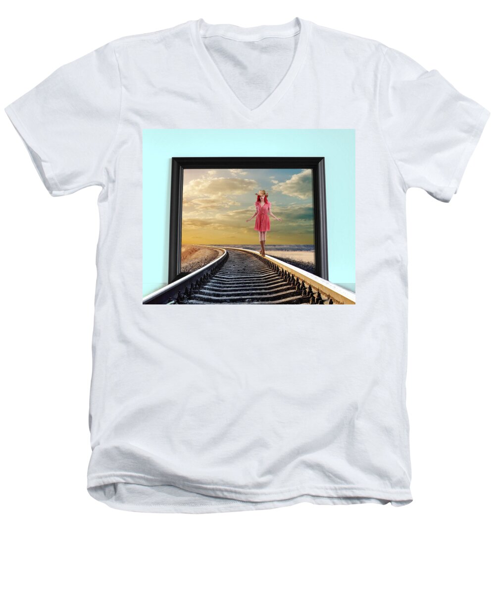 Railroad Men's V-Neck T-Shirt featuring the digital art Crossing Over by Nina Bradica