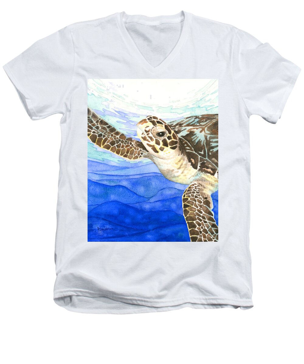 Turtle Men's V-Neck T-Shirt featuring the painting Curious Sea Turtle by Pauline Walsh Jacobson