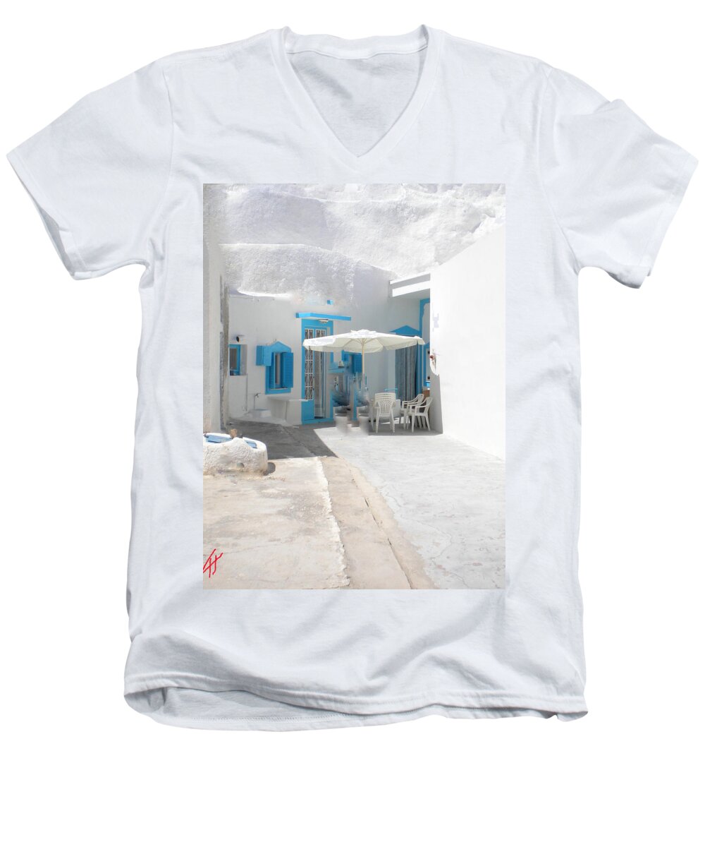 Colette Men's V-Neck T-Shirt featuring the photograph Cute Santorini Island Hause by Colette V Hera Guggenheim