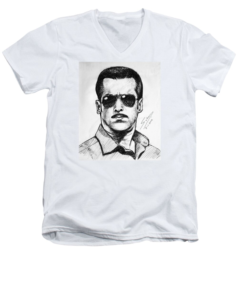 Wallpaper Buy Art Print Phone Case T-shirt Beautiful Duvet Case Pillow Tote Bags Shower Curtain Greeting Cards Mobile Phone Apple Android Nature Salman Khan Sketch Dabanng 2 Bollywood India Sketch Movies Portrait Pen Ink Paper Black White Expression Canvas Framed Art Acrylic Greeting Print Two Salman Ravish Khan Bad Ass Police Officer Men's V-Neck T-Shirt featuring the painting Salman Khan by Salman Ravish