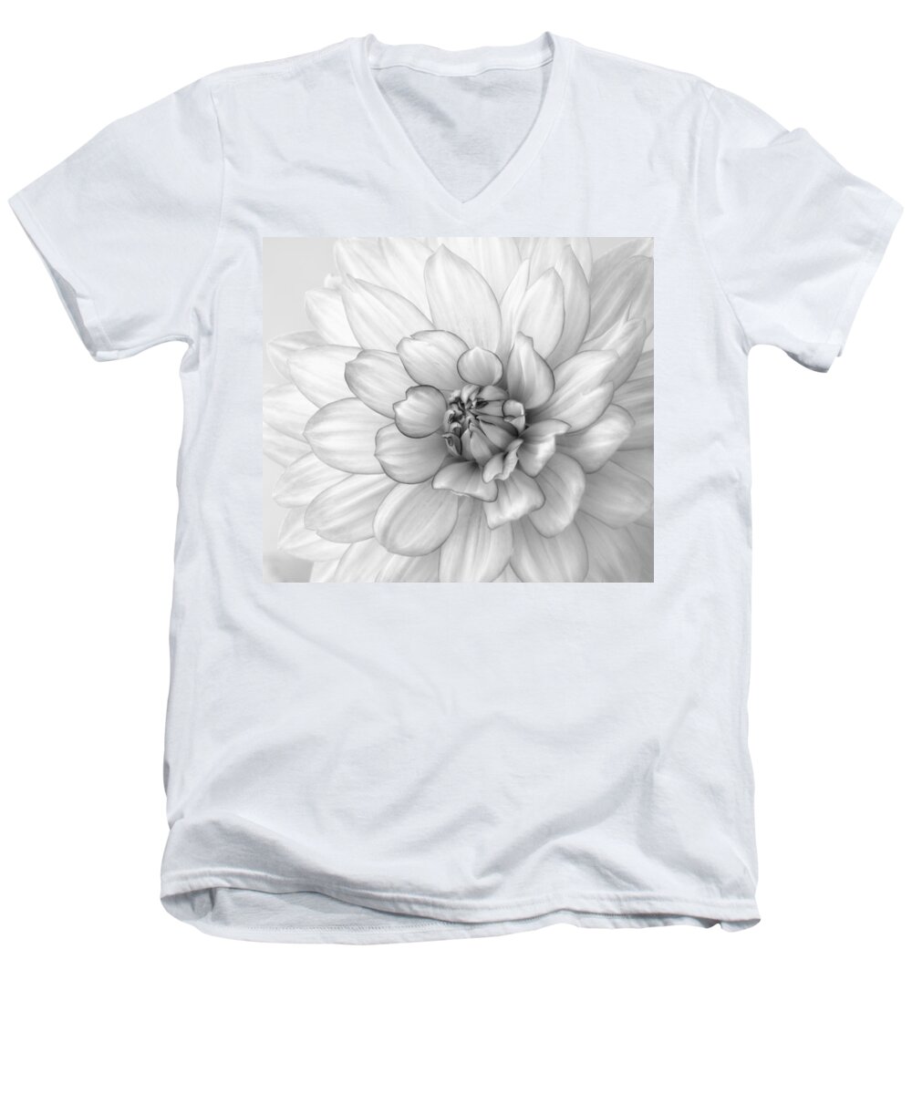 Dahlia Men's V-Neck T-Shirt featuring the photograph Dahlia Flower Black and White by Kim Hojnacki