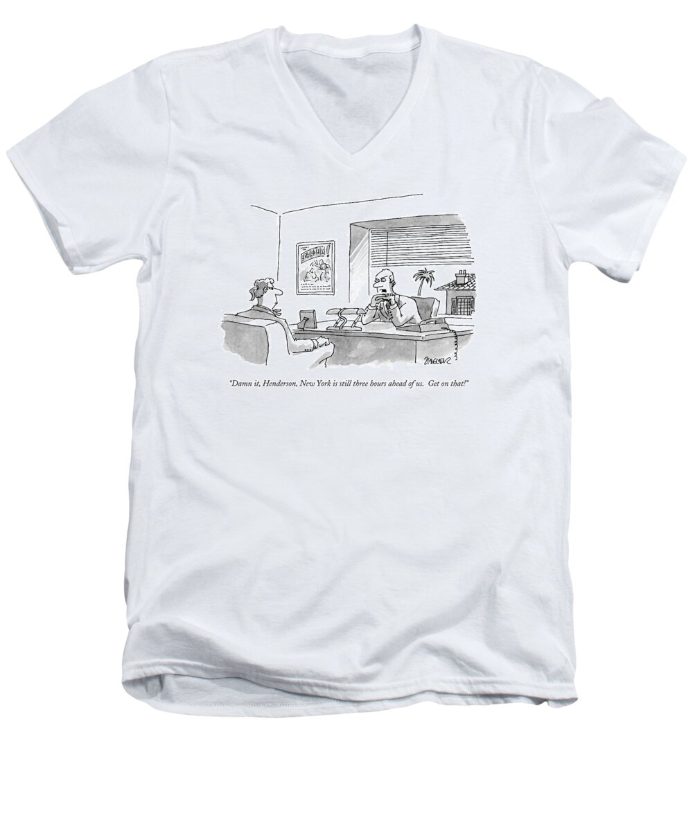 Time Zones Men's V-Neck T-Shirt featuring the drawing Damn It, Henderson, New York Is Still Three Hours by Jack Ziegler