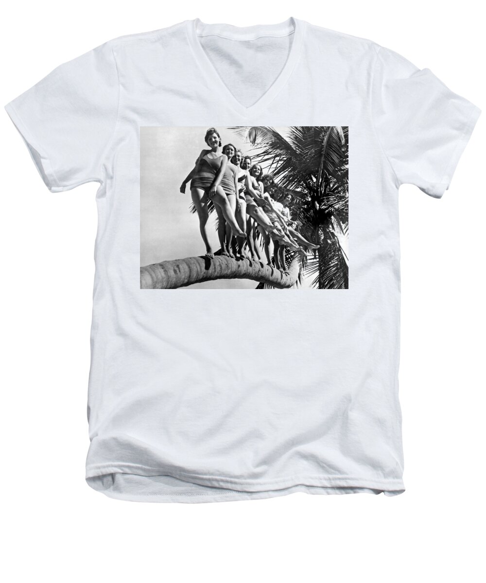 1927 Men's V-Neck T-Shirt featuring the photograph Dancers Practice On Palm Tree by Underwood Archives