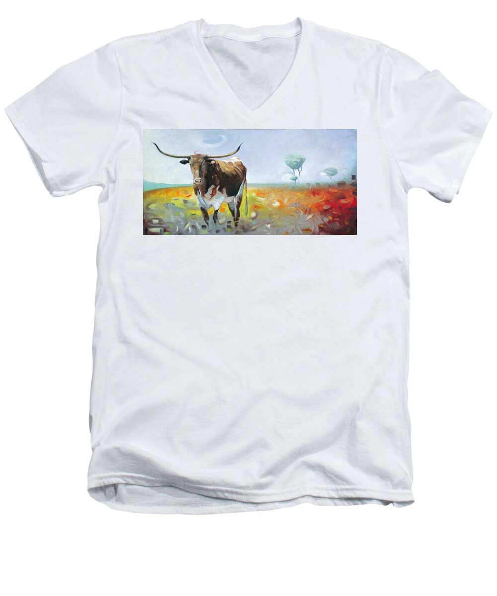 Longhorns Men's V-Neck T-Shirt featuring the painting Deep in the Heart of Texas by T S Carson