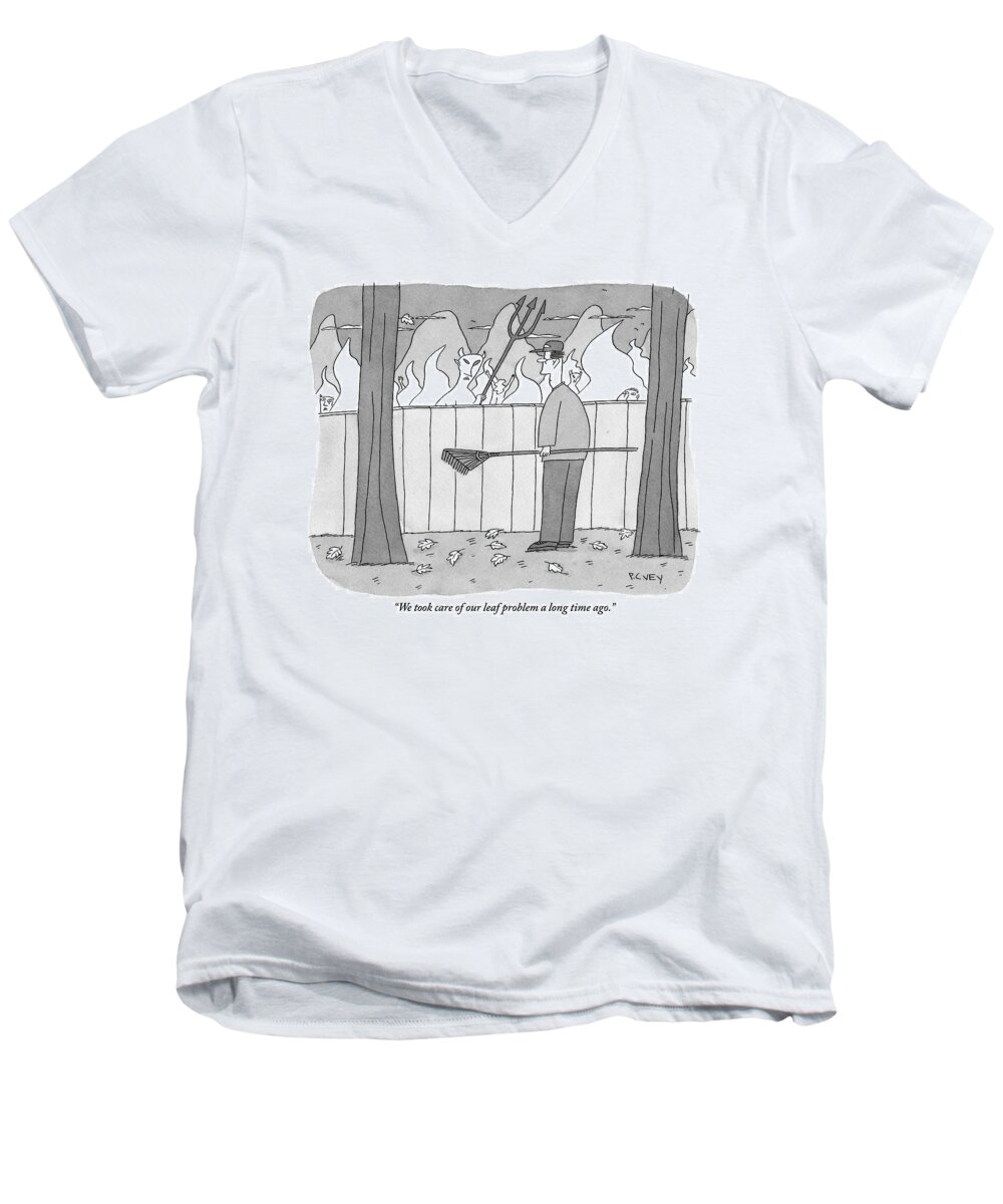 Devil Men's V-Neck T-Shirt featuring the drawing Devil And A Man Look At Each Other Over A Fence by Peter C. Vey