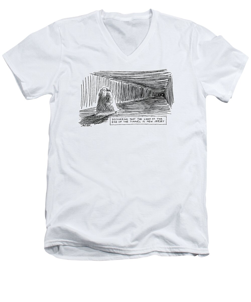 'discovering That The Light At The End Of The Tunnel Is New Jersey'
(man Walks In Tunnel Away From The 
Light. )
Regional Men's V-Neck T-Shirt featuring the drawing Discovering That The Light At The End by Jack Ziegler