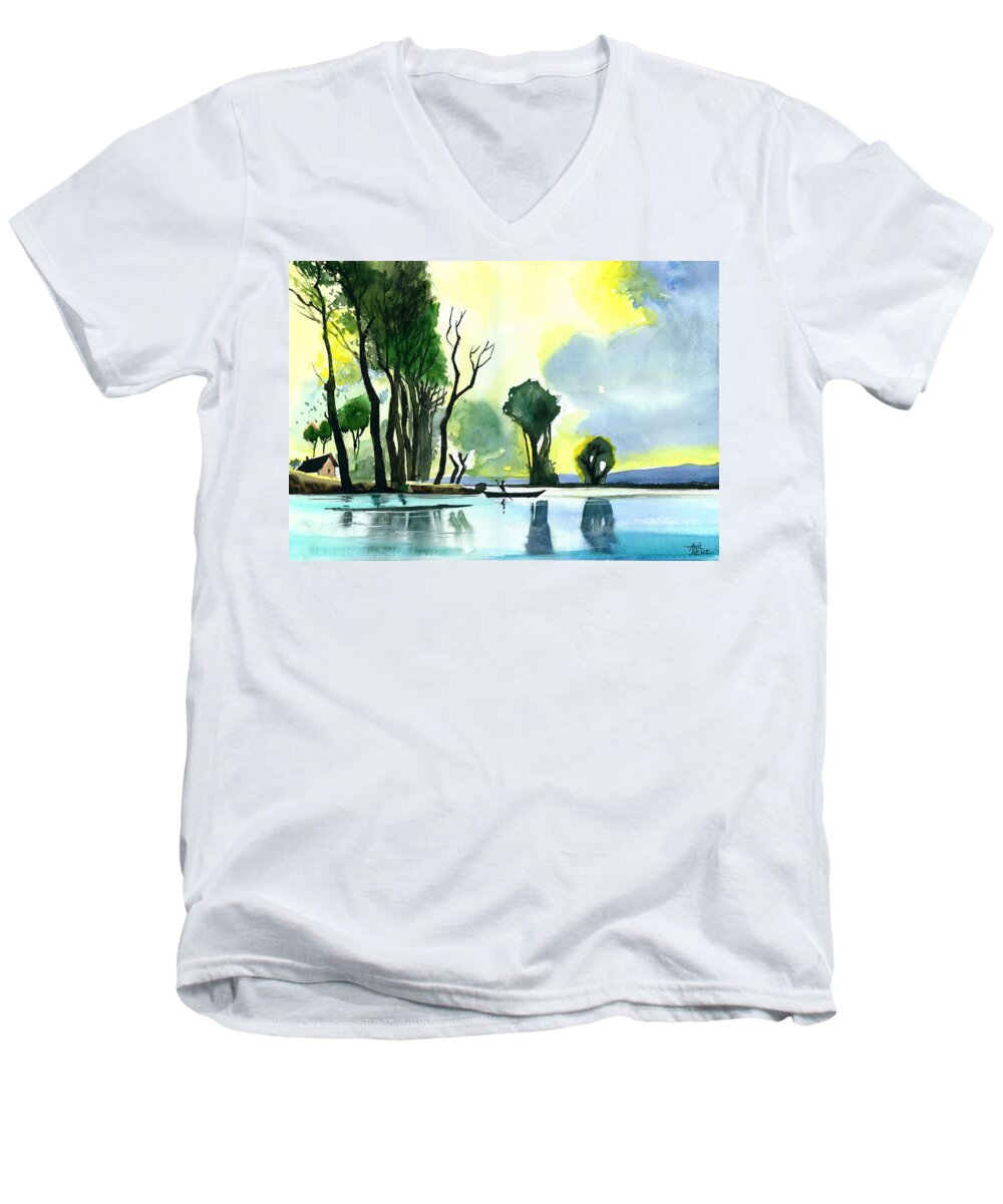 Nature Men's V-Neck T-Shirt featuring the painting Distant Land by Anil Nene