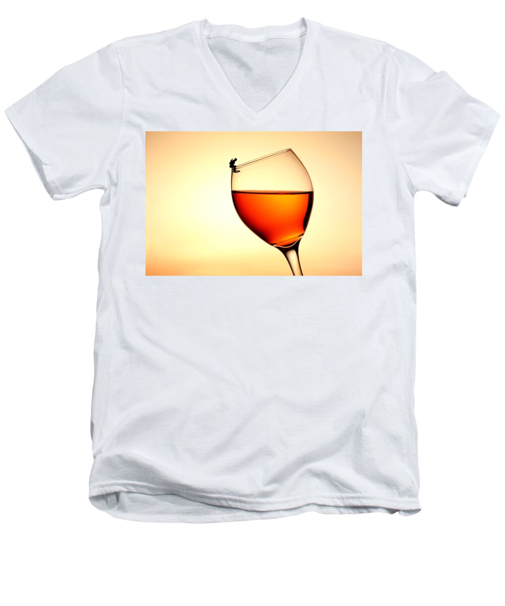 Red Men's V-Neck T-Shirt featuring the photograph Diving in red wine little people on food by Paul Ge