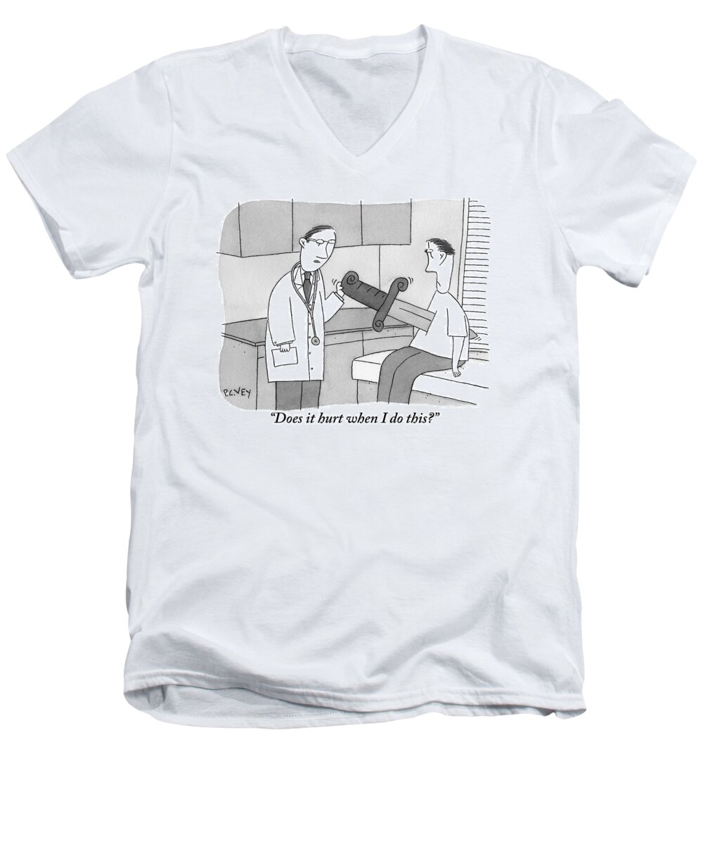Doctor Men's V-Neck T-Shirt featuring the drawing Doctor Says To Patient Who Has A Large Sword by Peter C. Vey