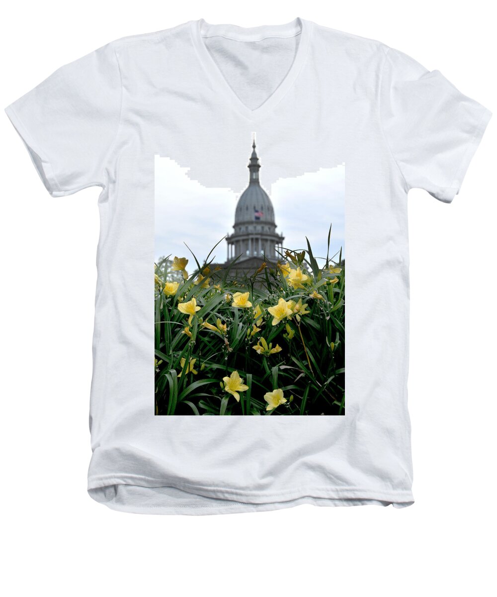 Daffodil Men's V-Neck T-Shirt featuring the photograph Dome Through the Daffodils by Gene Tatroe