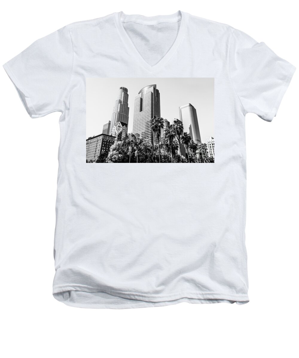 America Men's V-Neck T-Shirt featuring the photograph Downtown Los Angeles Buildings in Black and White by Paul Velgos