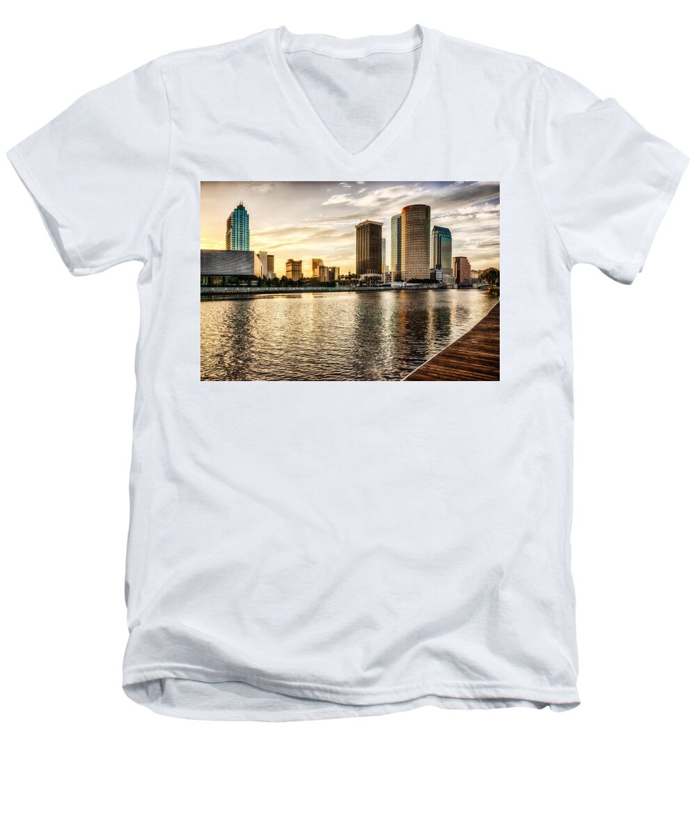 Sunrise Men's V-Neck T-Shirt featuring the photograph Downtown Tampa at Sunrise by Michael White