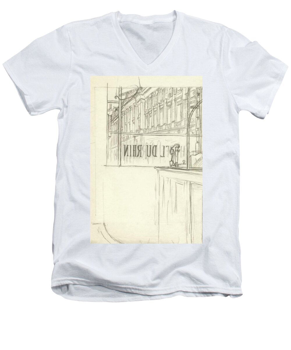 Illustration Men's V-Neck T-Shirt featuring the digital art Drawing Of A Bar And Front Window Of Hotel Du Rhin by Carl Oscar August Erickson