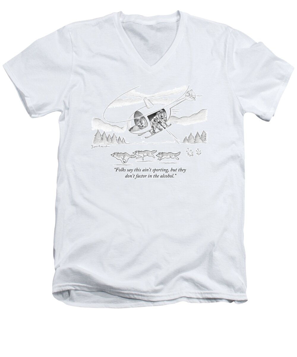 Hunting Men's V-Neck T-Shirt featuring the drawing Drunks Try To Shoot Wolves From A Helicopter by David Borchart