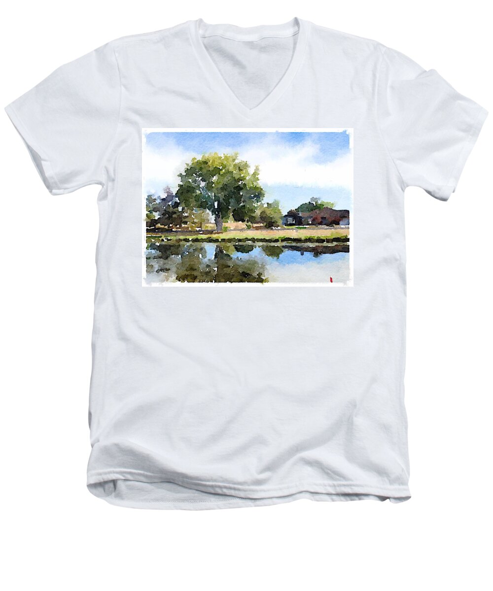 Waterlogue Men's V-Neck T-Shirt featuring the digital art Duck Pond by Shannon Grissom