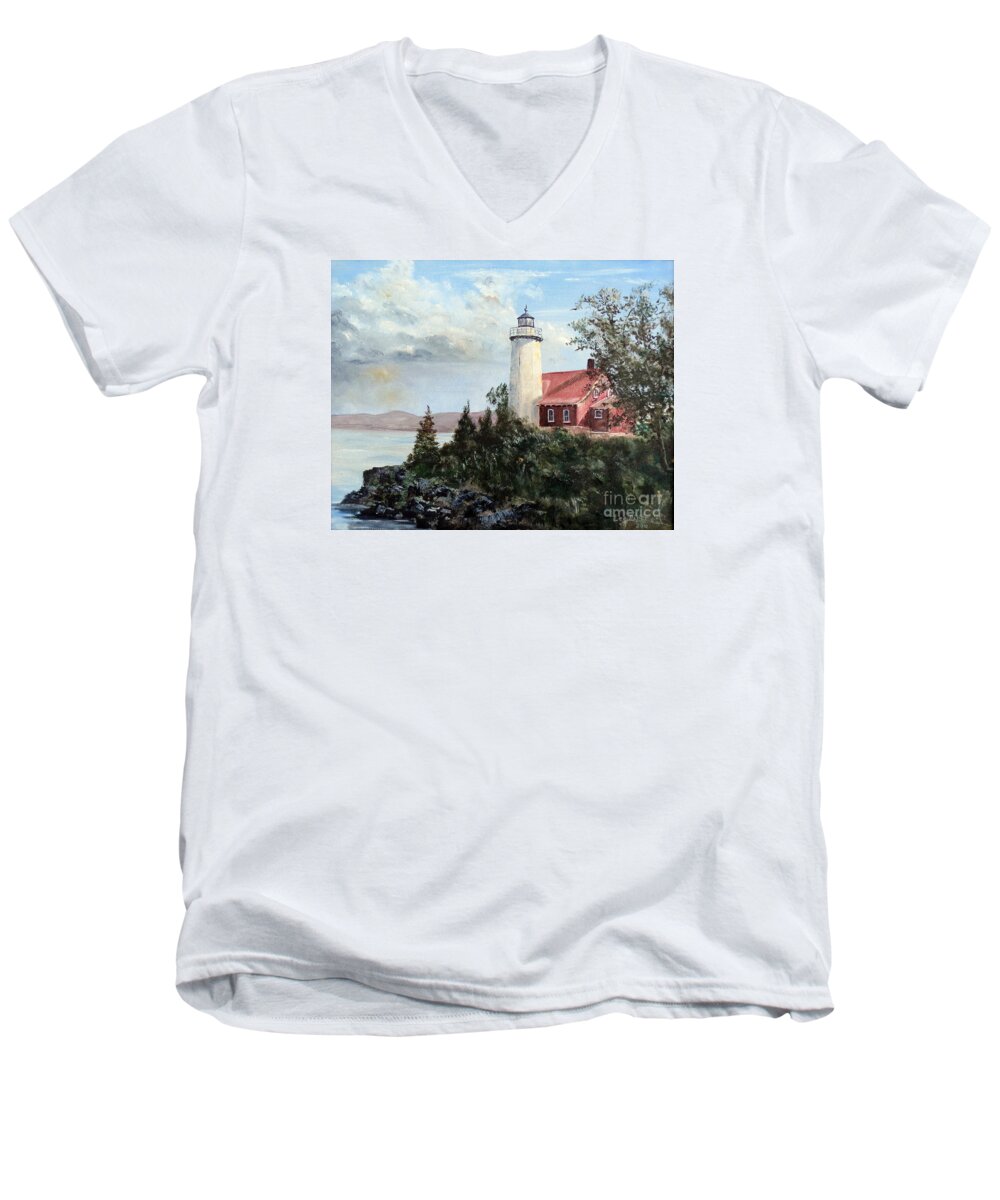 Lee Piper Men's V-Neck T-Shirt featuring the painting Eagle Harbor Light by Lee Piper