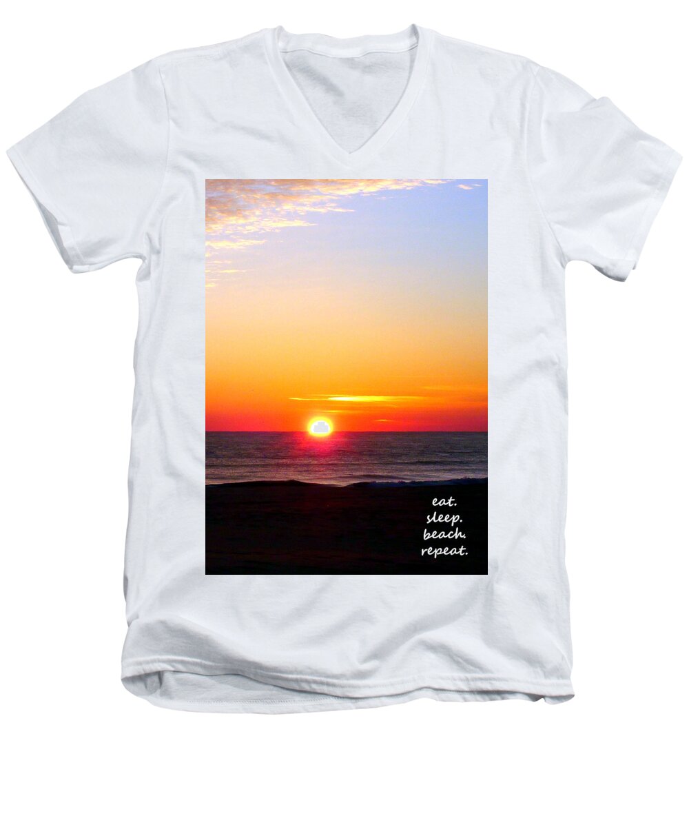 Sunrise Men's V-Neck T-Shirt featuring the photograph East. Sleep. Beach Sunrise by Katy Hawk