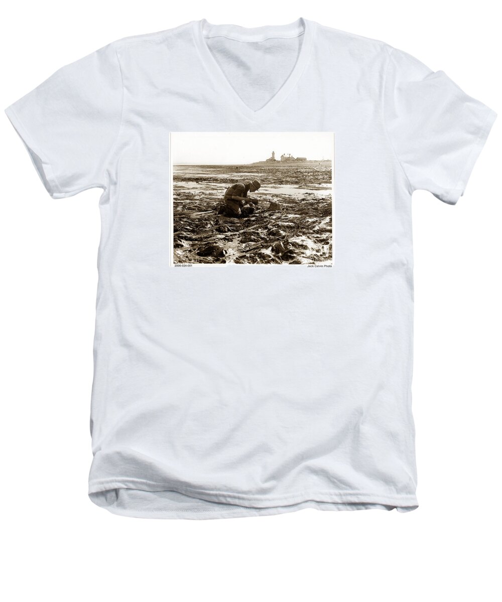Ed Ricketts Men's V-Neck T-Shirt featuring the photograph Ed Ricketts at Point Wilson Lighthouse in Port Townsend WA July 1930 by Monterey County Historical Society