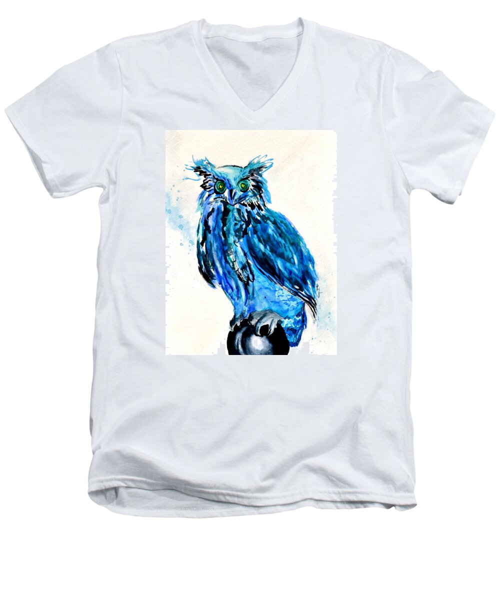 Electric Blue Owl Men's V-Neck T-Shirt featuring the painting Electric Blue Owl by Beverley Harper Tinsley