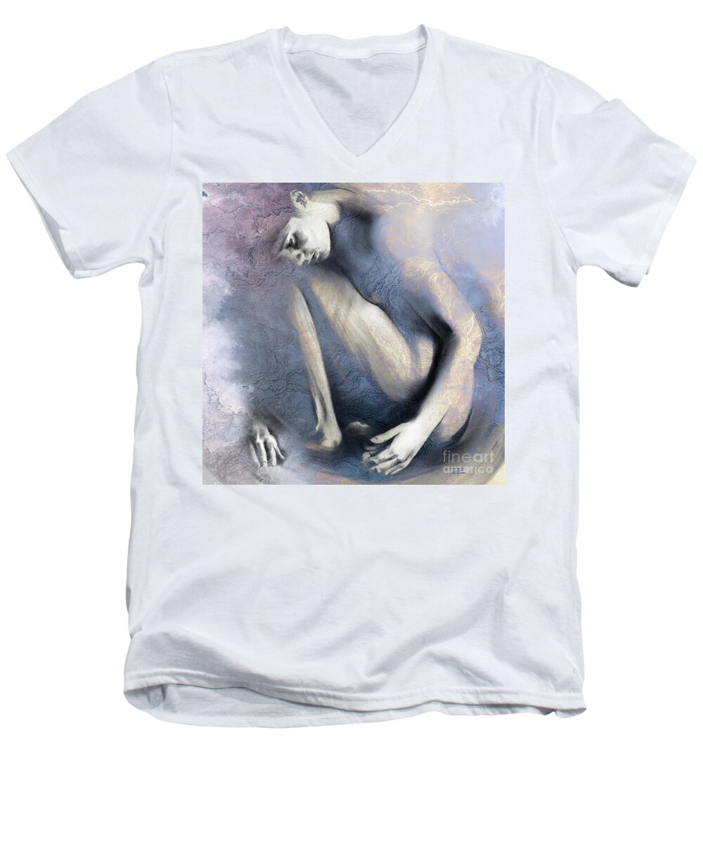 Figurative Men's V-Neck T-Shirt featuring the drawing Embryonic II. Textured SQUARE by Paul Davenport