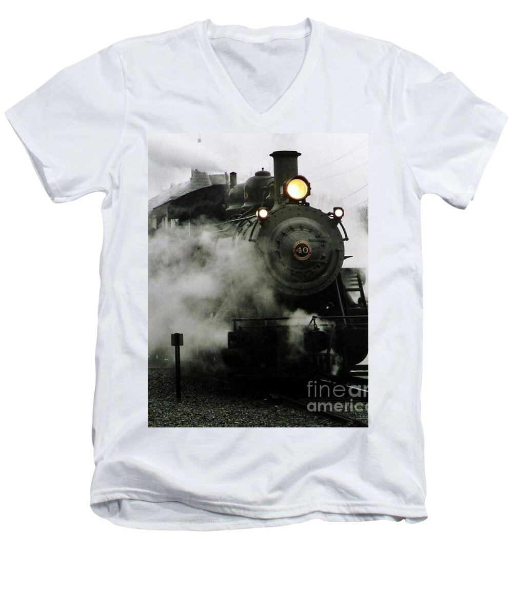 Michael Hoard Photos Men's V-Neck T-Shirt featuring the photograph Engine Number 40 Making Steam Pulling Into New Hope Passenger Train Terminal by Michael Hoard