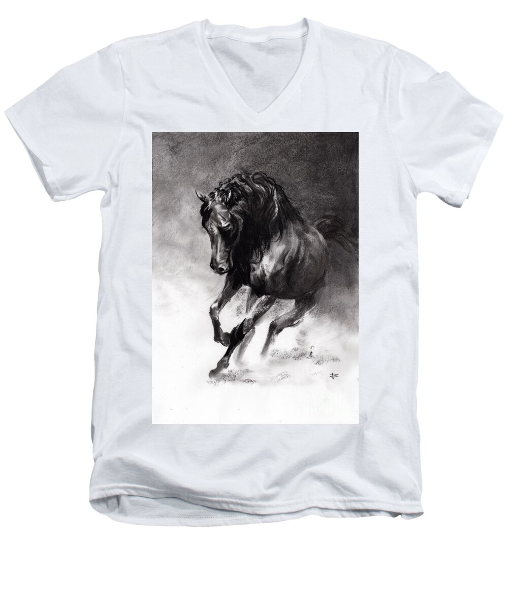 Charcoal Men's V-Neck T-Shirt featuring the drawing Equine by Paul Davenport