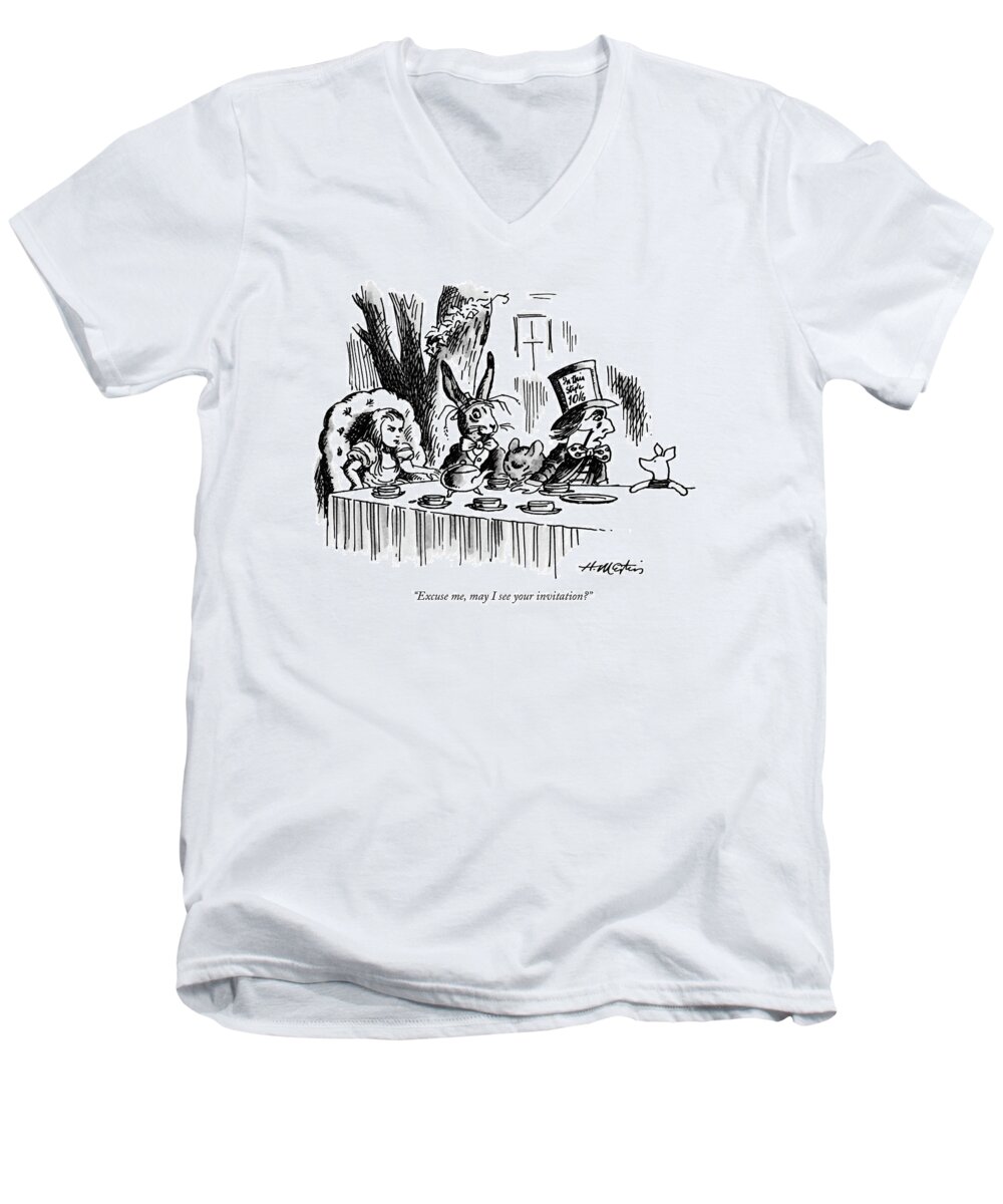 
Writing Men's V-Neck T-Shirt featuring the drawing Excuse Me, May I See Your Invitation? by Henry Martin
