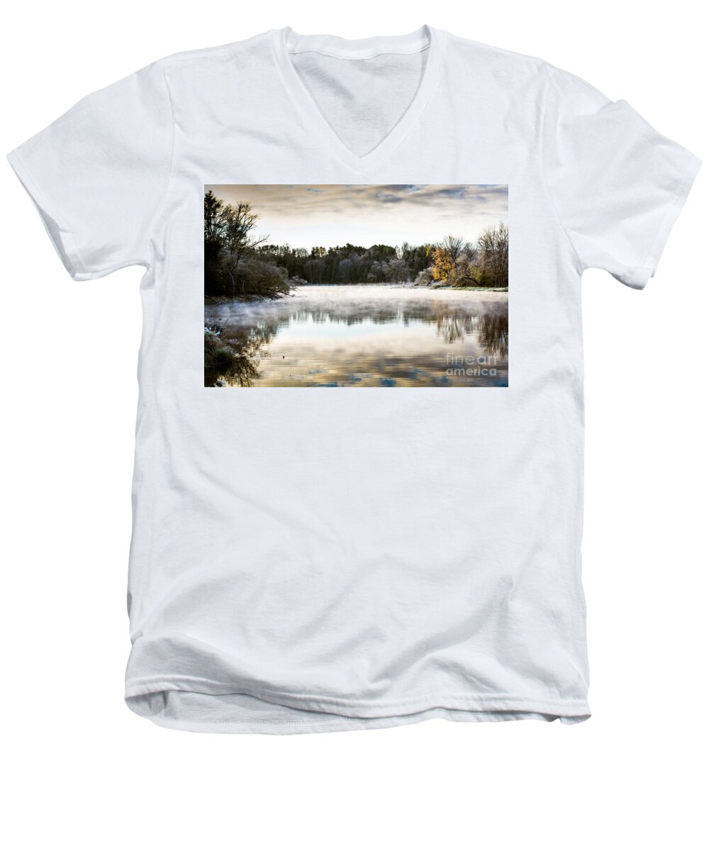 River Men's V-Neck T-Shirt featuring the photograph Fall scene on the Mississippi by Cheryl Baxter