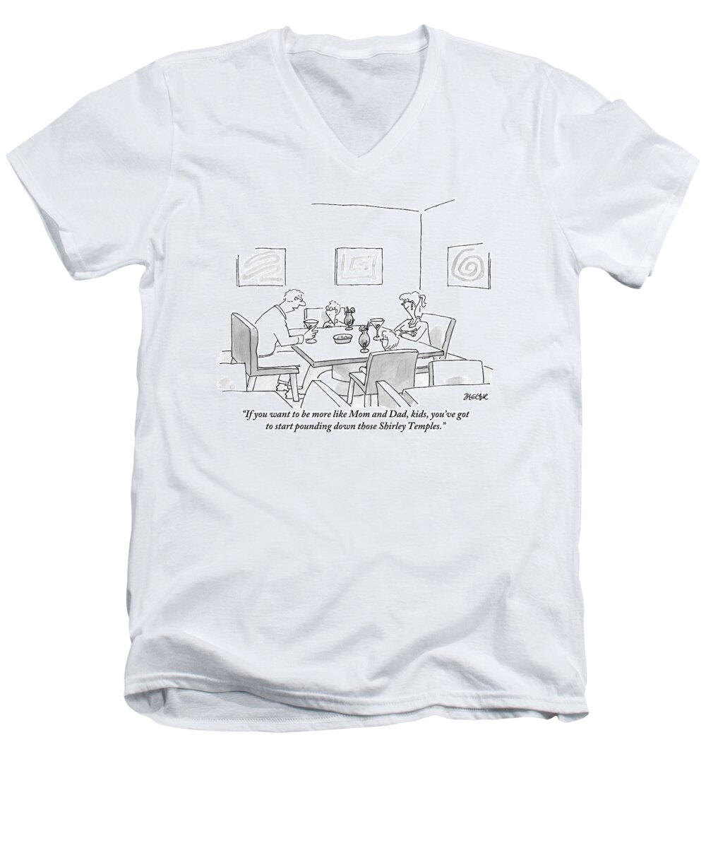 Parents Men's V-Neck T-Shirt featuring the drawing Family Around Table by Jack Ziegler