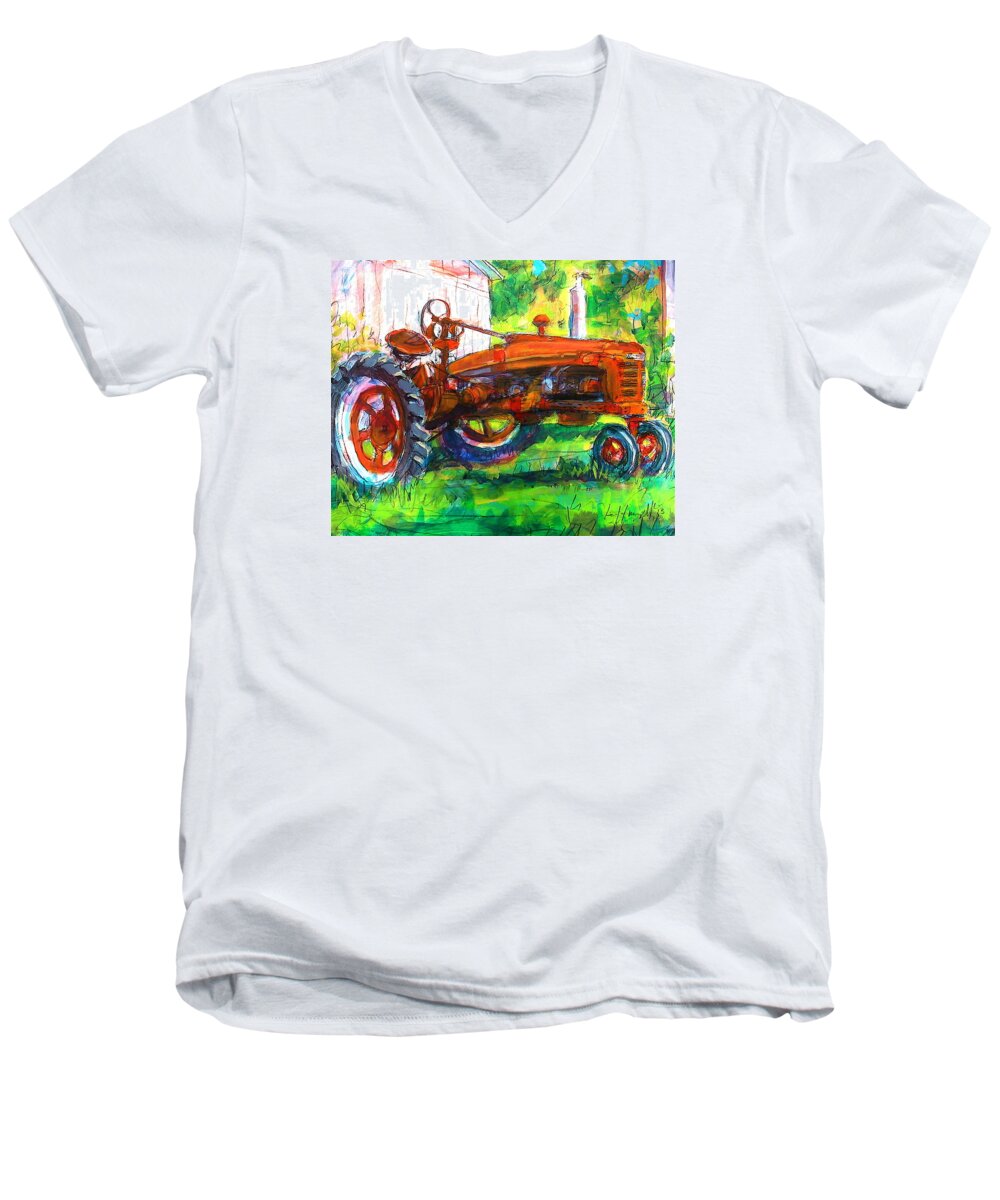 Machinery Men's V-Neck T-Shirt featuring the painting Farmall Tractor by Les Leffingwell