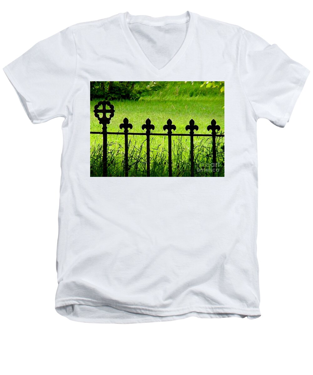 Street Art Men's V-Neck T-Shirt featuring the mixed media Fence and Cross by Art MacKay