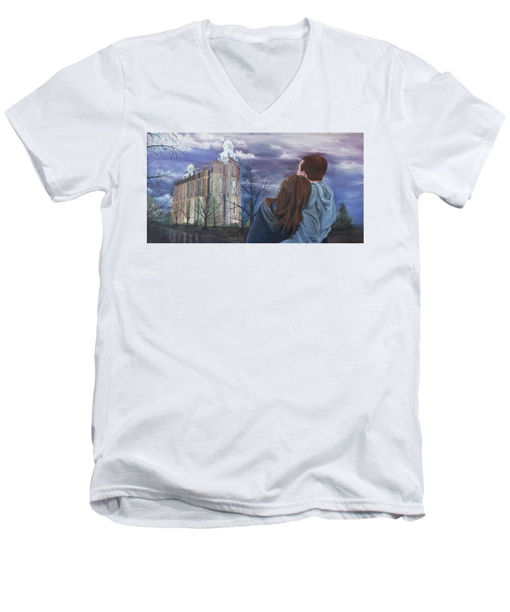 Lds Chapel Men's V-Neck T-Shirt featuring the painting Fiance by Nila Jane Autry