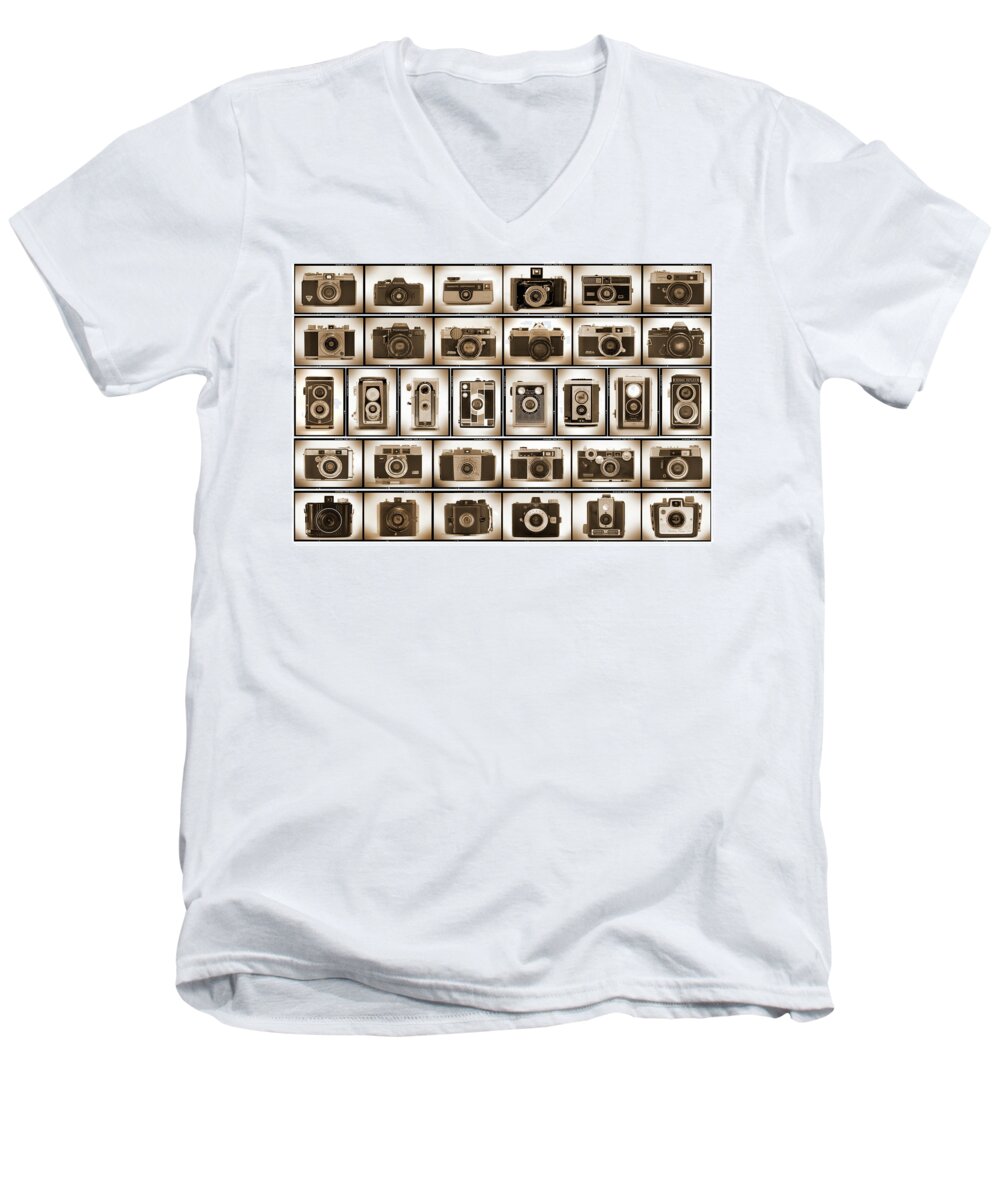 Vintage Cameras Men's V-Neck T-Shirt featuring the photograph Film Camera Proofs by Mike McGlothlen